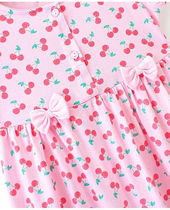 Babyhug Cotton Single Jersey Knit Half Sleeves Frock with Bloomer & Headband Cherry Print - Pink