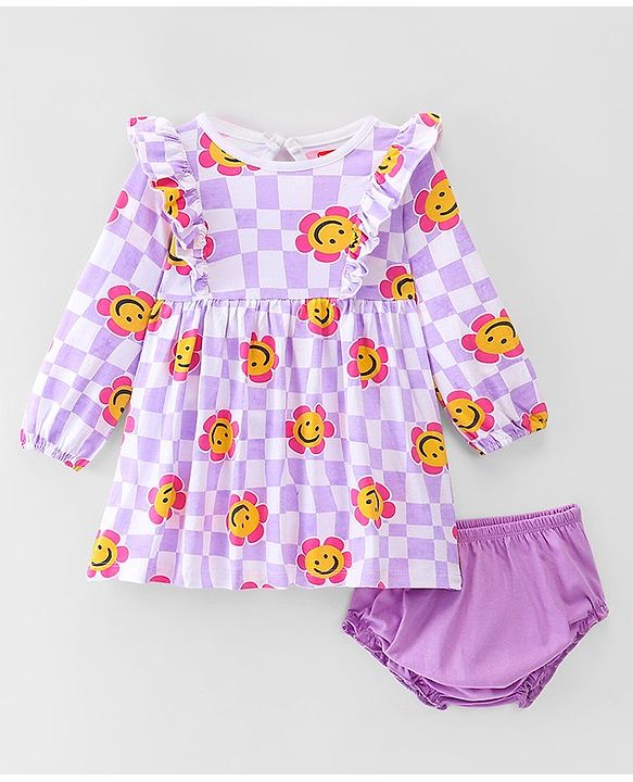 Babyhug 100% Cotton Knit Full Sleeves Frock With Bloomer Smiley Print - Purple