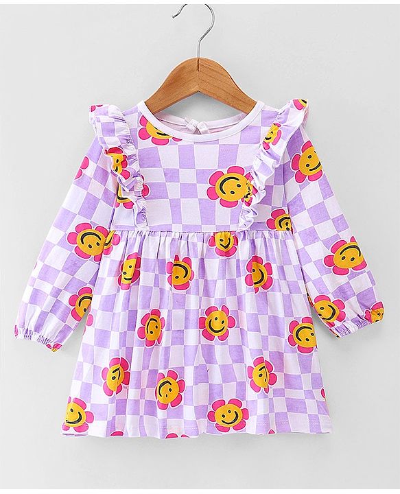 Babyhug 100% Cotton Knit Full Sleeves Frock With Bloomer Smiley Print - Purple