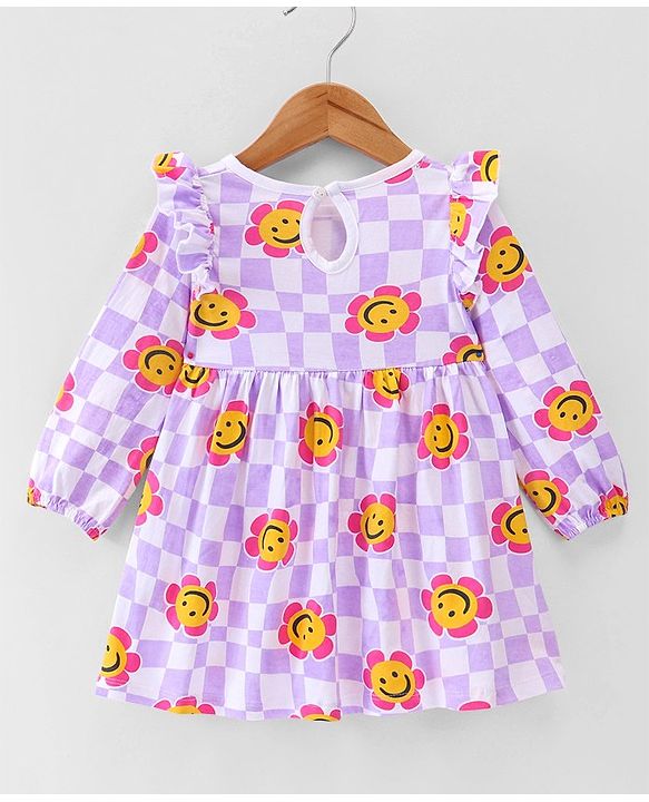Babyhug 100% Cotton Knit Full Sleeves Frock With Bloomer Smiley Print - Purple