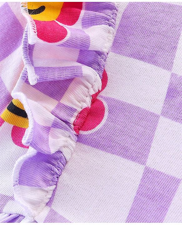 Babyhug 100% Cotton Knit Full Sleeves Frock With Bloomer Smiley Print - Purple