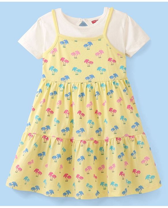 Babyhug 100% Cotton Knit Frock With Half Sleeves Inner Tee Palm Tree Print - Yellow & White