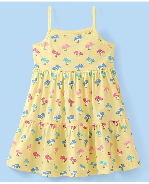 Babyhug 100% Cotton Knit Frock With Half Sleeves Inner Tee Palm Tree Print - Yellow & White