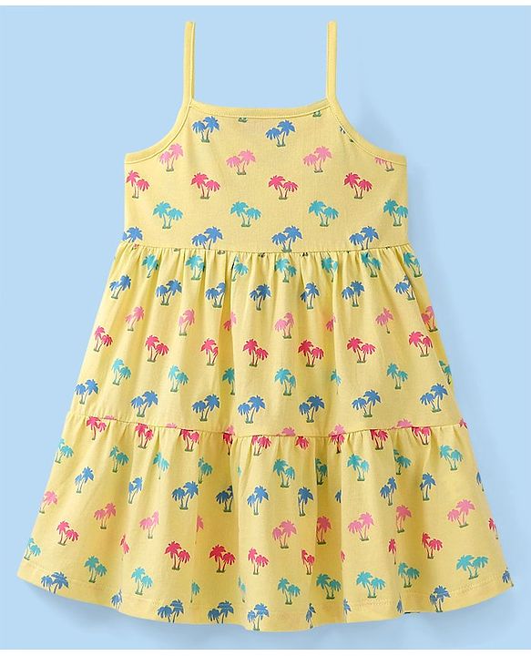 Babyhug 100% Cotton Knit Frock With Half Sleeves Inner Tee Palm Tree Print - Yellow & White