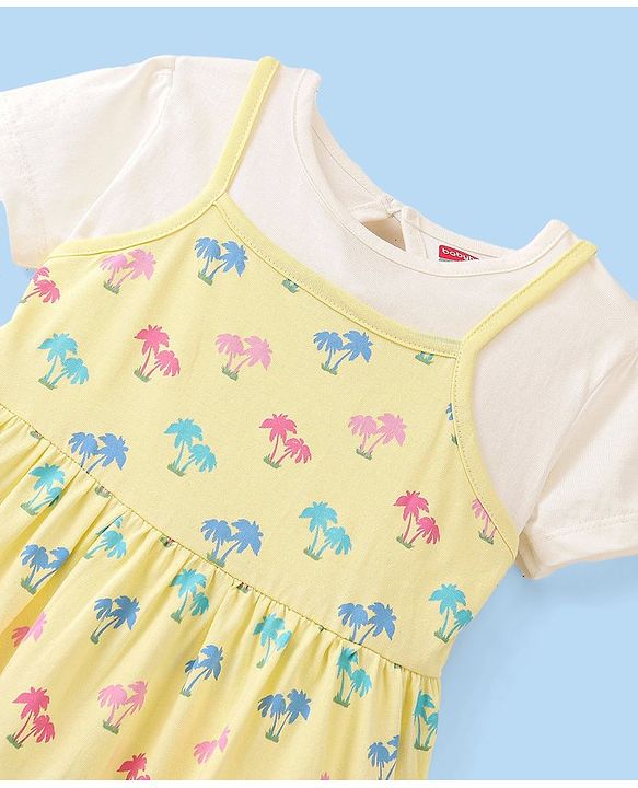 Babyhug 100% Cotton Knit Frock With Half Sleeves Inner Tee Palm Tree Print - Yellow & White