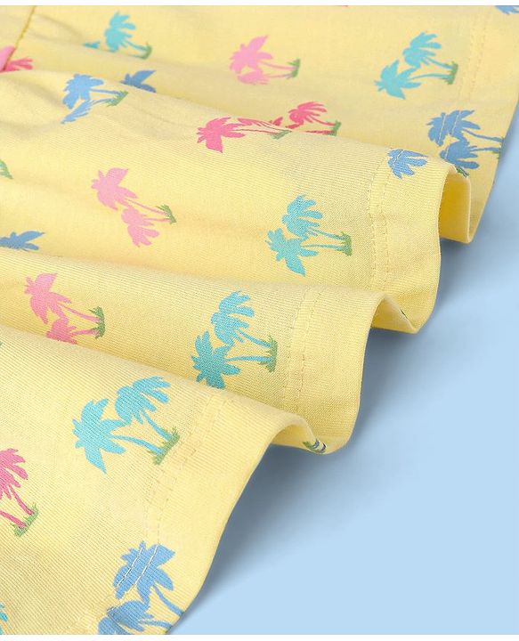Babyhug 100% Cotton Knit Frock With Half Sleeves Inner Tee Palm Tree Print - Yellow & White