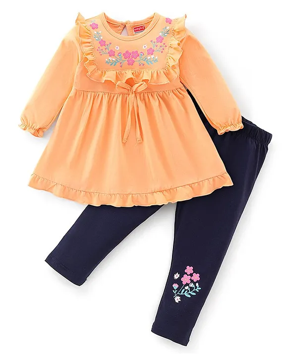 Babyhug 100% Cotton Single Jersey Knit Full Sleeves Frock With Leggings  Floral Print - Yellow