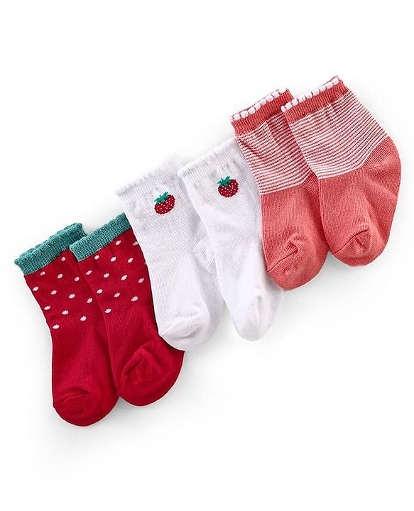 Cutewalk By Babyhug Anti Bacterial Ankle Length Socks Cherry Print Pack Of 3 - White & Red