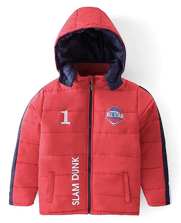 Pine Kids Woven Full Sleeves Medium Winter Hooded Jacket With Text Print - Red