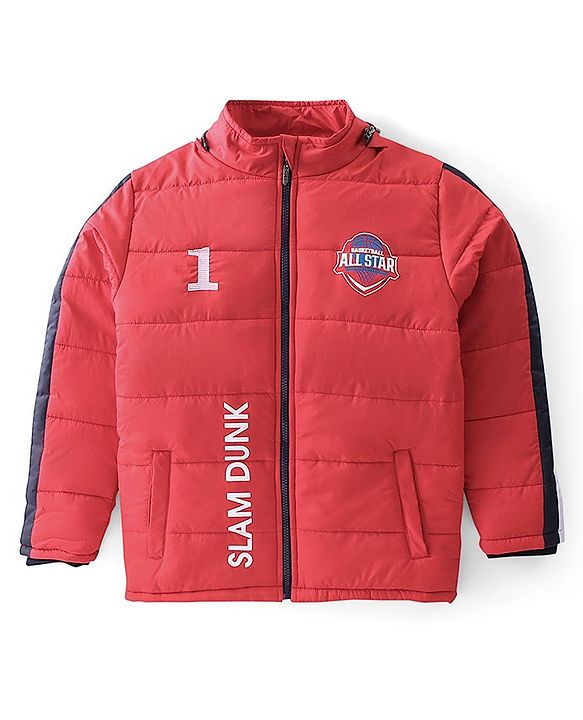 Pine Kids Woven Full Sleeves Medium Winter Hooded Jacket With Text Print - Red