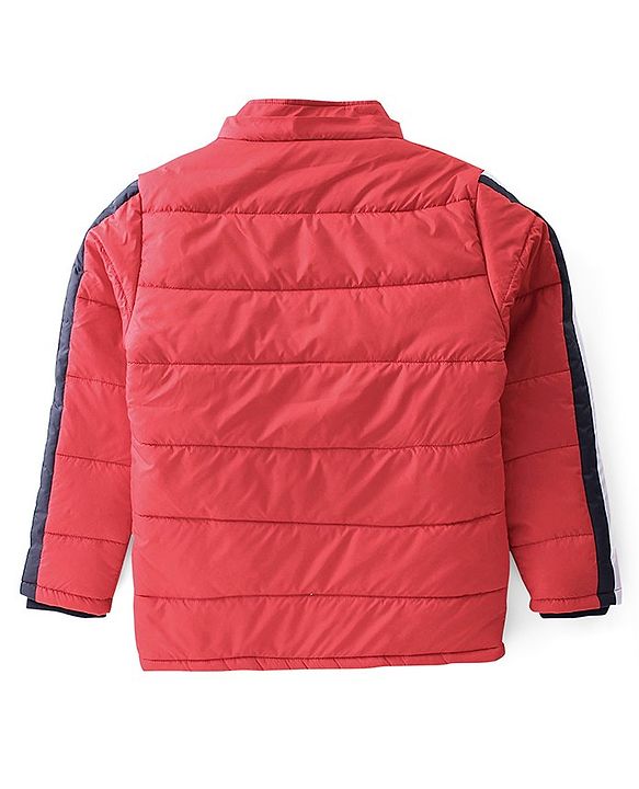 Pine Kids Woven Full Sleeves Medium Winter Hooded Jacket With Text Print - Red