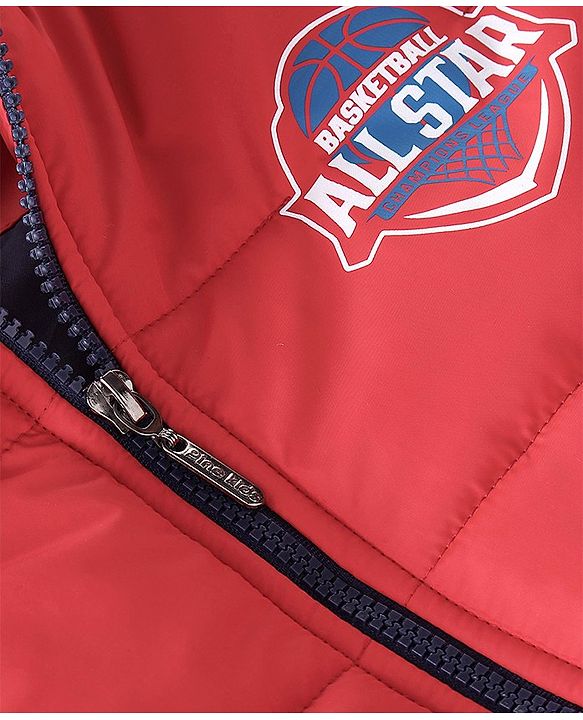 Pine Kids Woven Full Sleeves Medium Winter Hooded Jacket With Text Print - Red