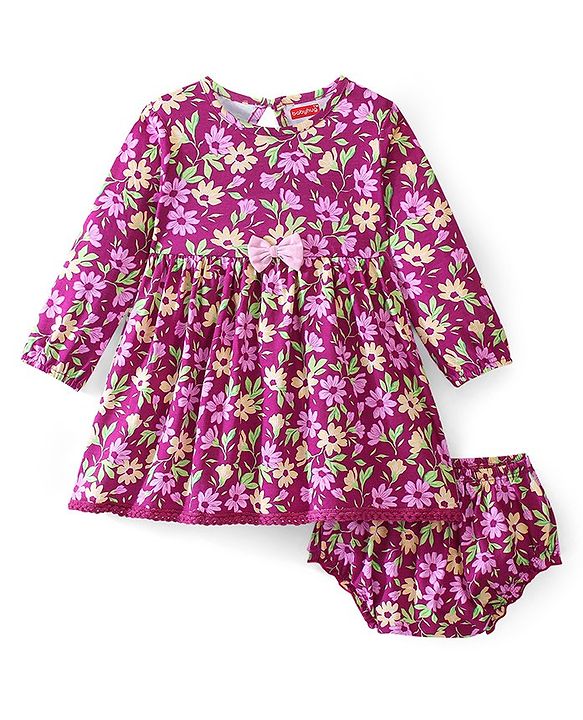 Babyhug 100% Cotton Knit Full Sleeves Frock with Bloomer Floral Print - Pink & Purple