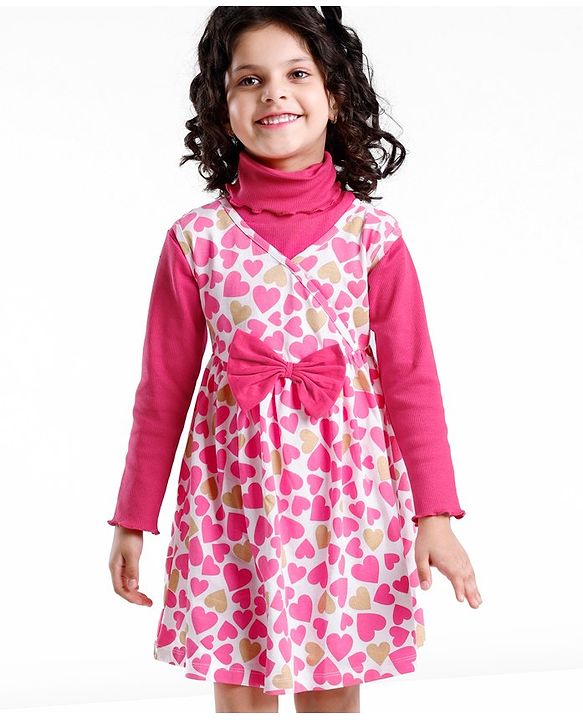 Babyhug 100% Cotton Knit Full Sleeves Inner T-Shirt & Frock With Heart Print - Pink