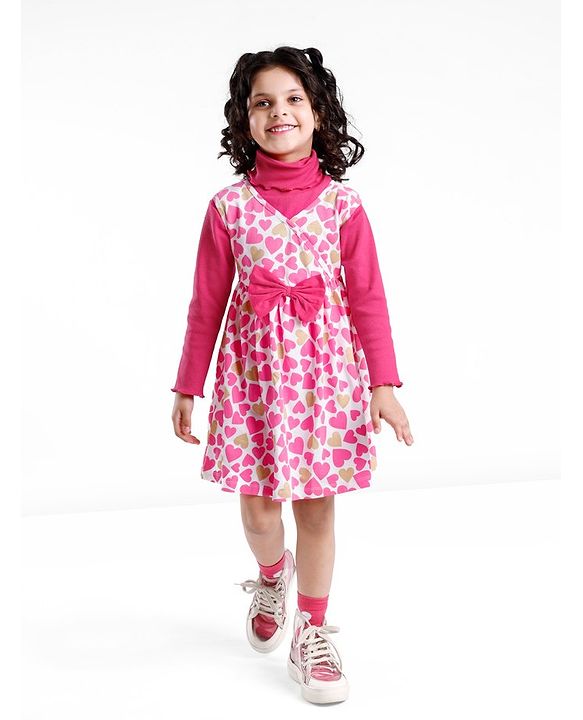 Babyhug 100% Cotton Knit Full Sleeves Inner T-Shirt & Frock With Heart Print - Pink