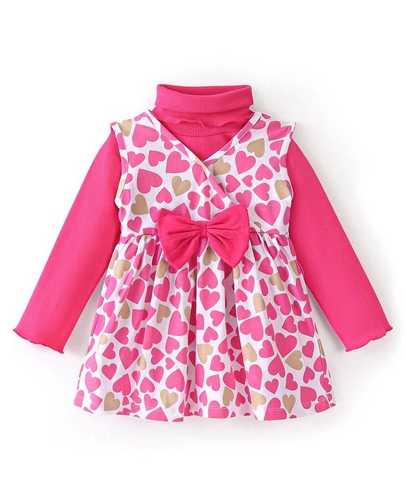 Babyhug 100% Cotton Knit Full Sleeves Inner T-Shirt & Frock With Heart Print - Pink