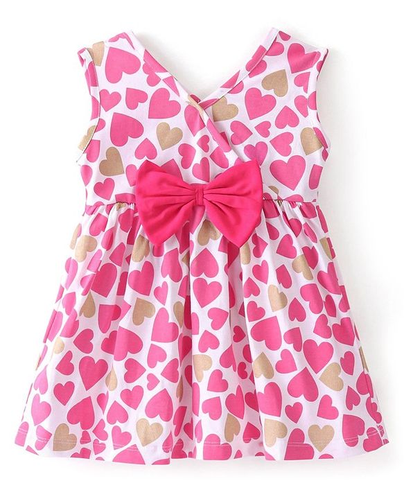 Babyhug 100% Cotton Knit Full Sleeves Inner T-Shirt & Frock With Heart Print - Pink