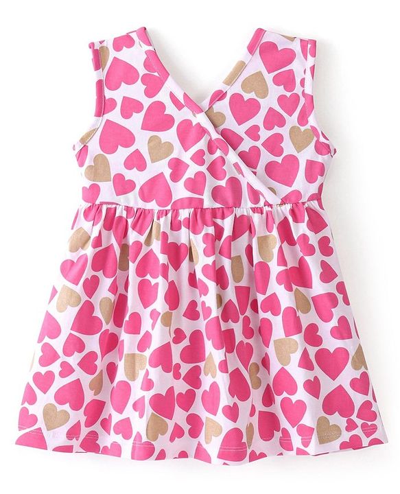 Babyhug 100% Cotton Knit Full Sleeves Inner T-Shirt & Frock With Heart Print - Pink