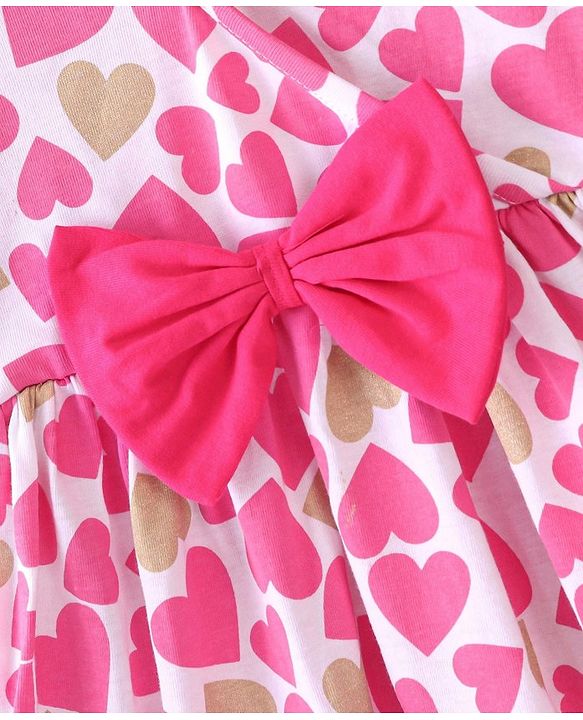 Babyhug 100% Cotton Knit Full Sleeves Inner T-Shirt & Frock With Heart Print - Pink