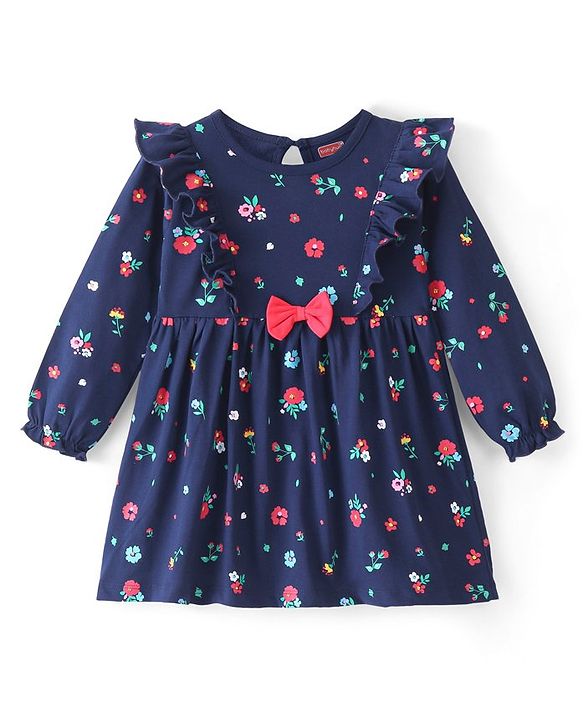 Babyhug 100% Cotton Knit Full Sleeves Floral Printed Frock with Frill Detailing - Navy Blue