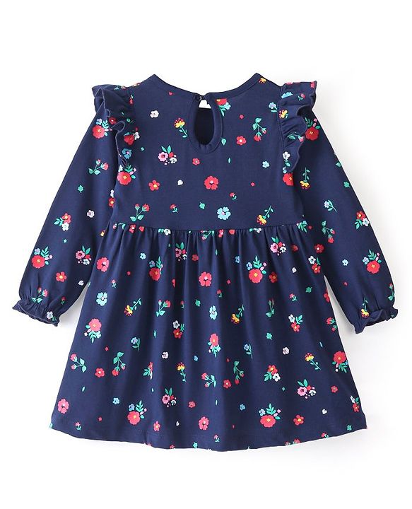 Babyhug 100% Cotton Knit Full Sleeves Floral Printed Frock with Frill Detailing - Navy Blue