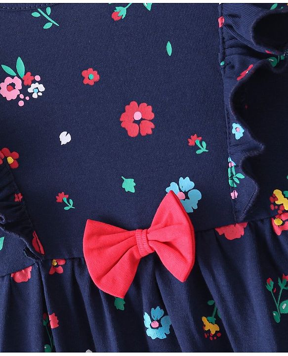 Babyhug 100% Cotton Knit Full Sleeves Floral Printed Frock with Frill Detailing - Navy Blue