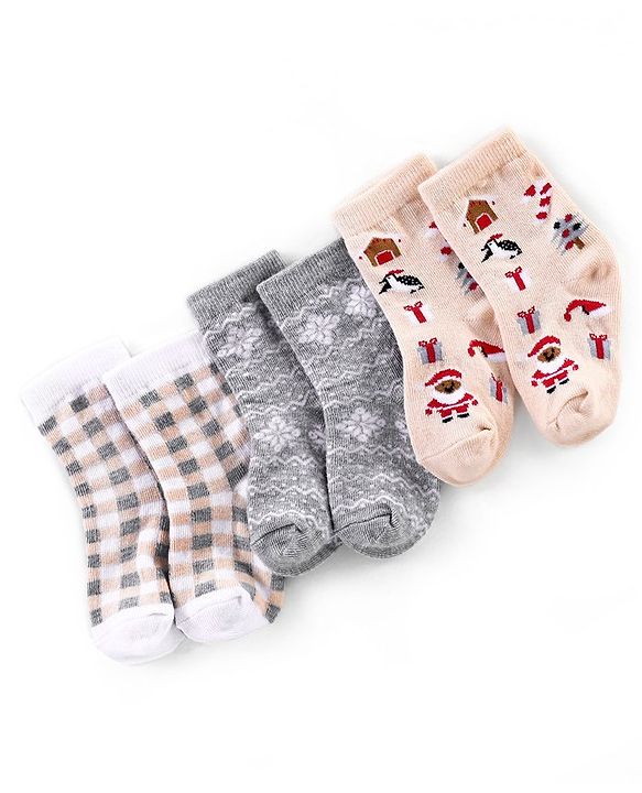 Cutewalk By Babyhug Anti Bacterial Ankle Length Socks Christmas Pack Of 3 - Cream & Grey