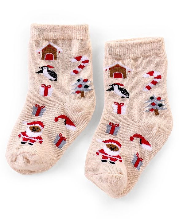 Cutewalk By Babyhug Anti Bacterial Ankle Length Socks Christmas Pack Of 3 - Cream & Grey
