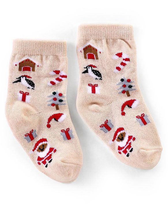 Cutewalk By Babyhug Anti Bacterial Ankle Length Socks Christmas Pack Of 3 - Cream & Grey