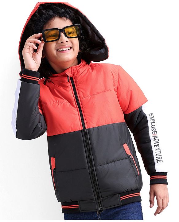 Pine Kids Full Sleeves Cut and Sew Explore Adventure Printed Jacket With Detachable Hood- Orange