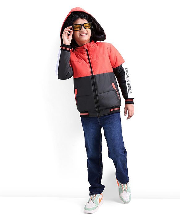 Pine Kids Full Sleeves Cut and Sew Explore Adventure Printed Jacket With Detachable Hood- Orange