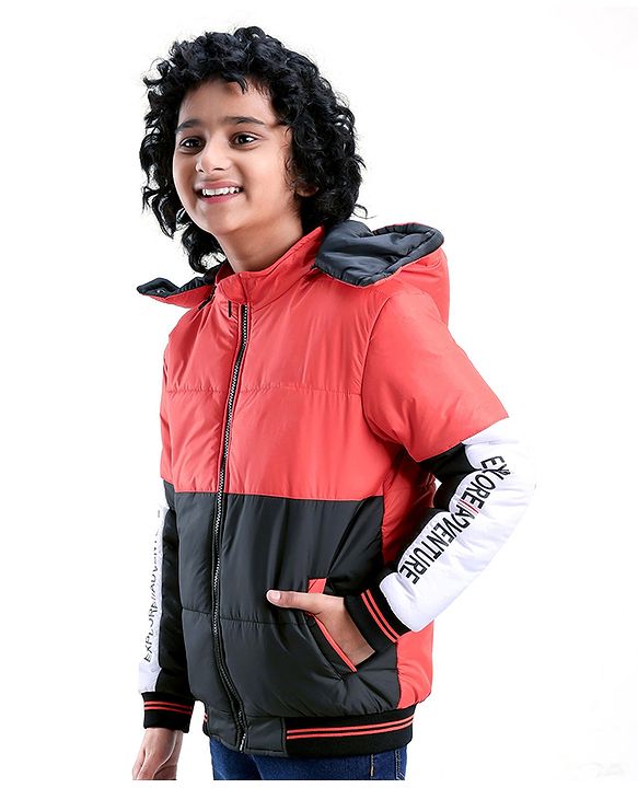 Pine Kids Full Sleeves Cut and Sew Explore Adventure Printed Jacket With Detachable Hood- Orange