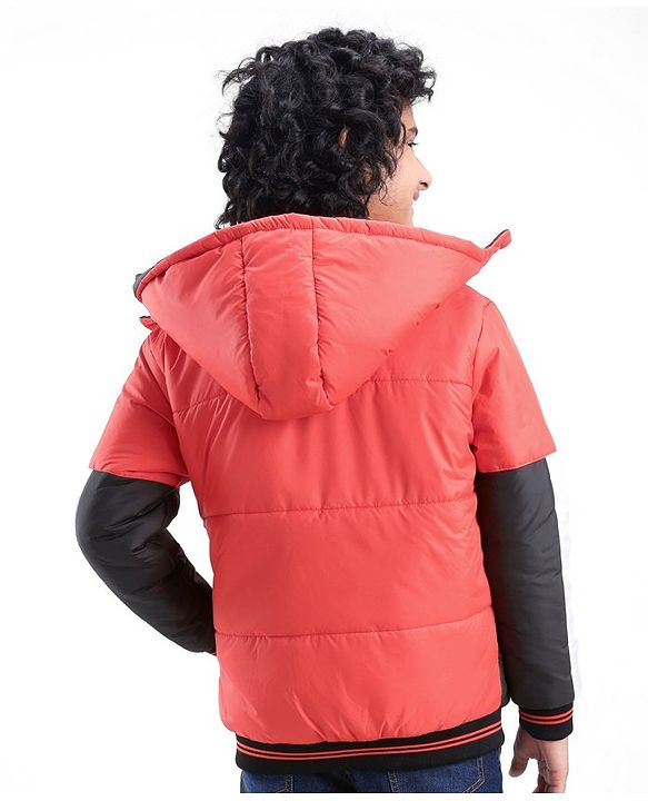 Pine Kids Full Sleeves Cut and Sew Explore Adventure Printed Jacket With Detachable Hood- Orange