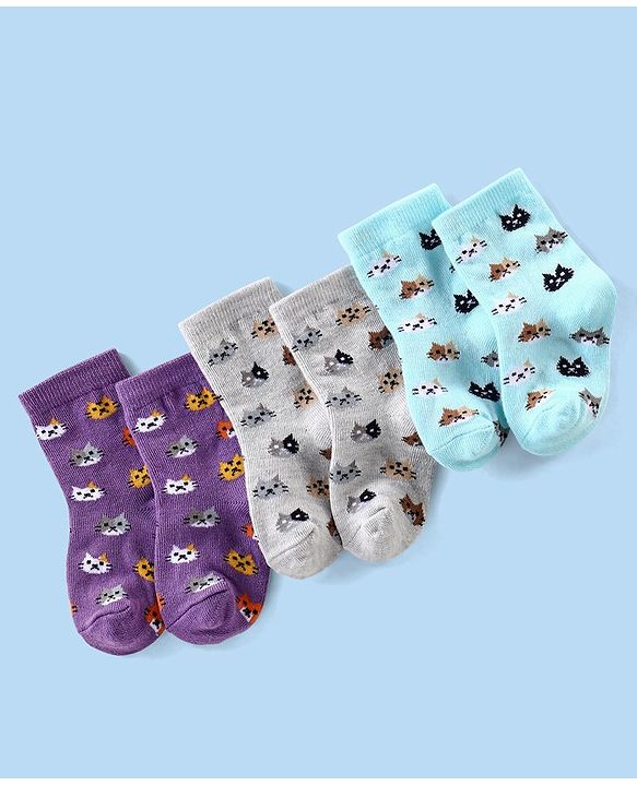 Cutewalk By Babyhug Anti Bacterial Ankle Length Socks Kitty Print Pack Of 3 - Purple Grey & Blue