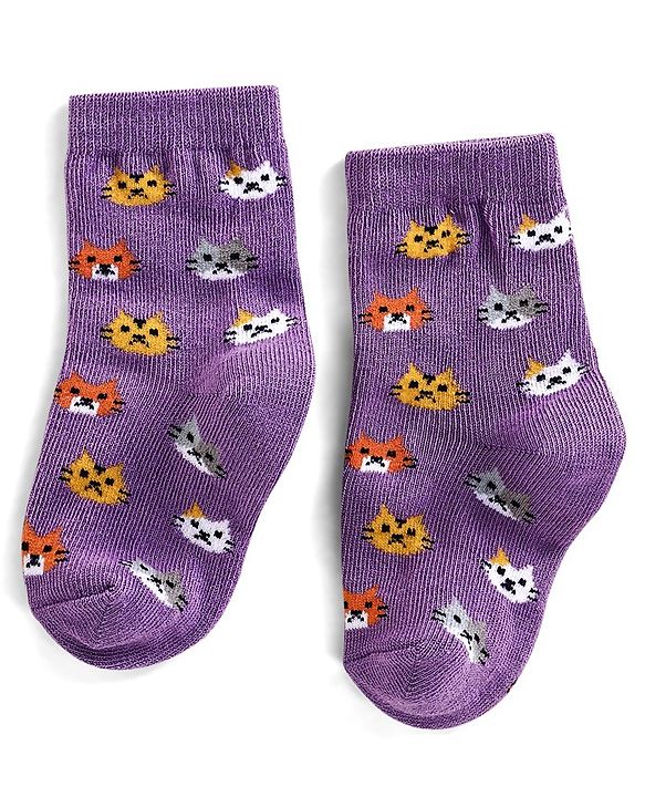 Cutewalk By Babyhug Anti Bacterial Ankle Length Socks Kitty Print Pack Of 3 - Purple Grey & Blue