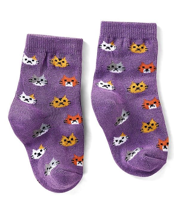 Cutewalk By Babyhug Anti Bacterial Ankle Length Socks Kitty Print Pack Of 3 - Purple Grey & Blue