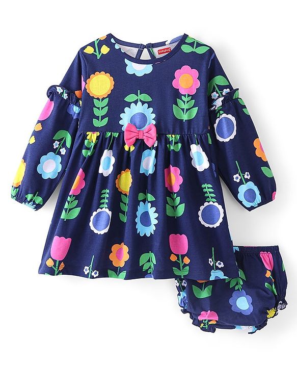 Babyhug 100% Cotton Knit Full Sleeves Frock with Bloomer Floral Print - Navy Blue