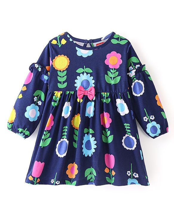 Babyhug 100% Cotton Knit Full Sleeves Frock with Bloomer Floral Print - Navy Blue