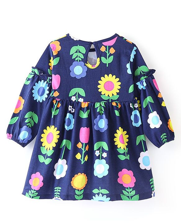 Babyhug 100% Cotton Knit Full Sleeves Frock with Bloomer Floral Print - Navy Blue