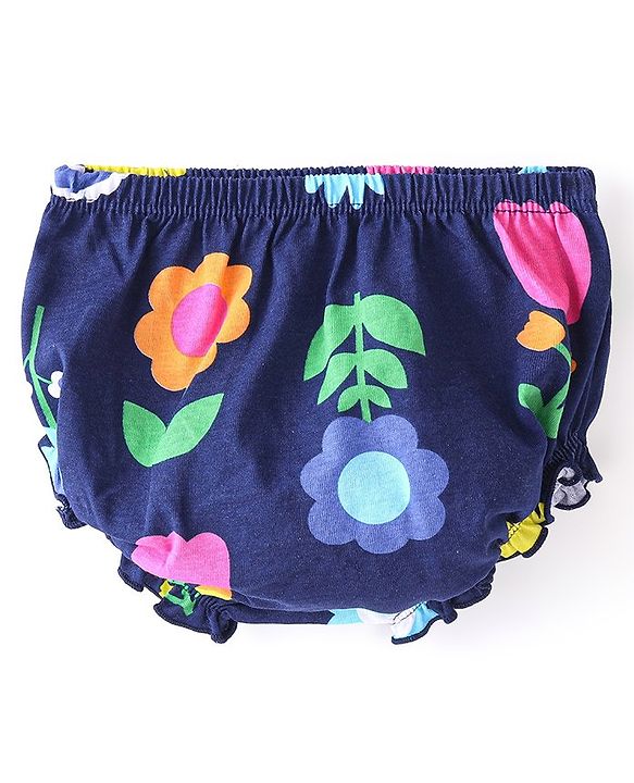 Babyhug 100% Cotton Knit Full Sleeves Frock with Bloomer Floral Print - Navy Blue