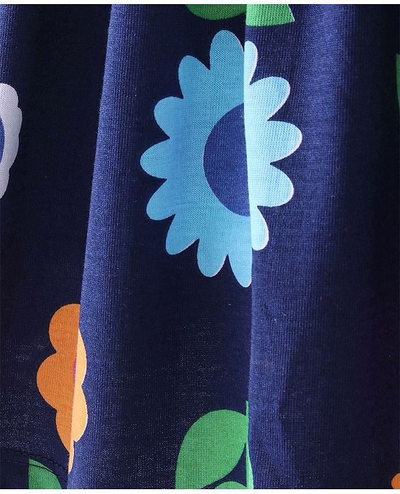Babyhug 100% Cotton Knit Full Sleeves Frock with Bloomer Floral Print - Navy Blue