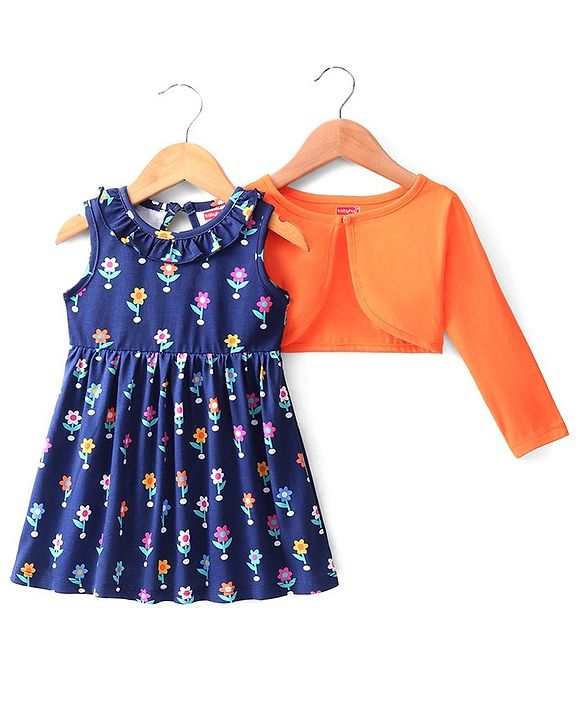 Babyhug 100% Cotton Knit Frock with Full Sleeve Shrug Floral Print - Navy Blue & Orange