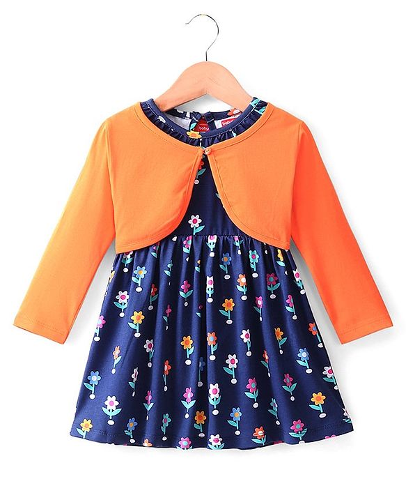 Babyhug 100% Cotton Knit Frock with Full Sleeve Shrug Floral Print - Navy Blue & Orange