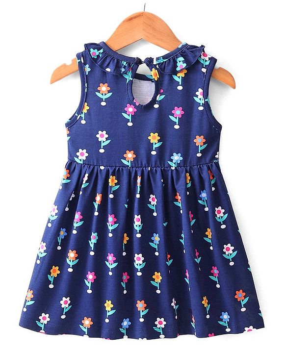 Babyhug 100% Cotton Knit Frock with Full Sleeve Shrug Floral Print - Navy Blue & Orange