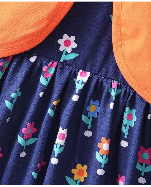 Babyhug 100% Cotton Knit Frock with Full Sleeve Shrug Floral Print - Navy Blue & Orange