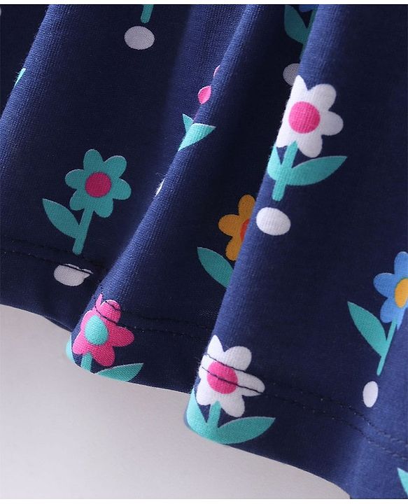 Babyhug 100% Cotton Knit Frock with Full Sleeve Shrug Floral Print - Navy Blue & Orange