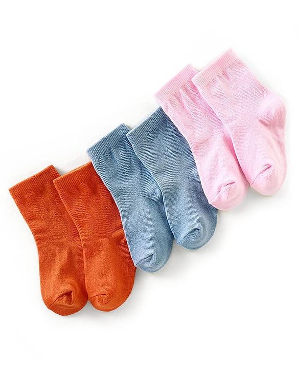 Cute Walk by Babyhug Anti Bacterial Ankle Length Non Terry Solid Color Socks Pack of 3 - Pink Orange & Blue