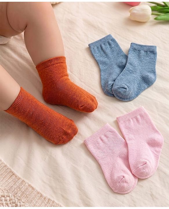 Cute Walk by Babyhug Anti Bacterial Ankle Length Non Terry Solid Color Socks Pack of 3 - Pink Orange & Blue