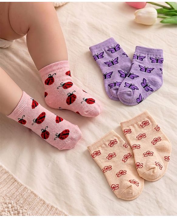 Cute Walk by Babyhug Anti Bacterial Ankle Length Non Terry Socks Butterfly Design Pack of 3 - Pink Purple & Peach