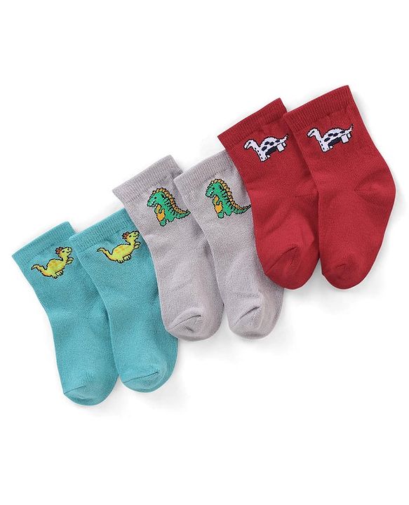 Cute Walk By Babyhug Antibacterial Socks With Dino Print Pack Of 3 - Red Green & Blue